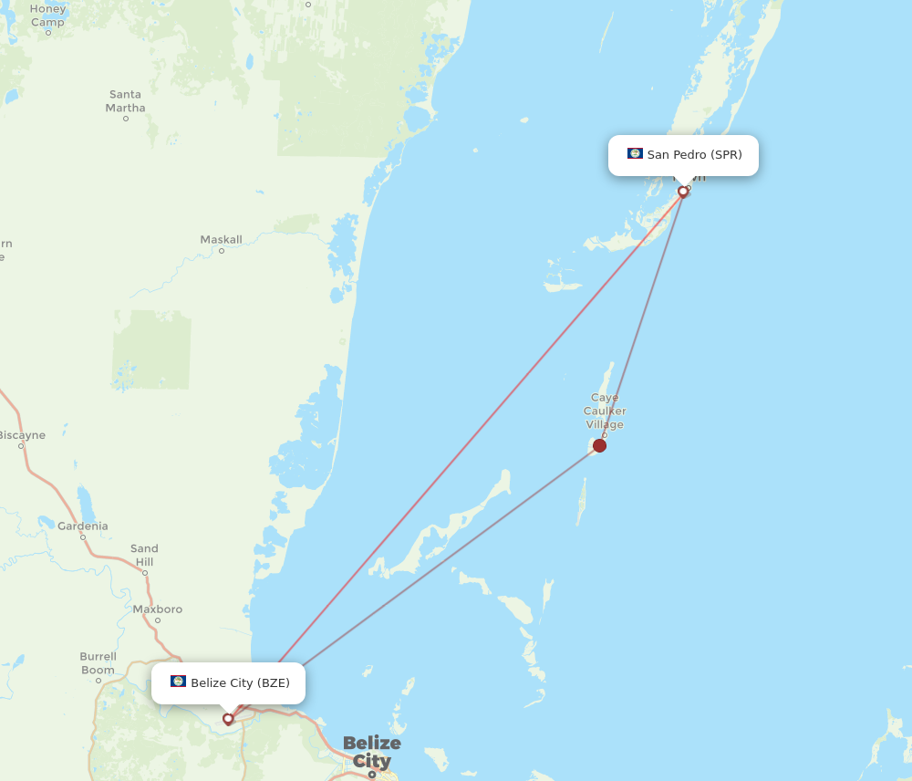 map of how to Get from BZE to San Pedro Belize