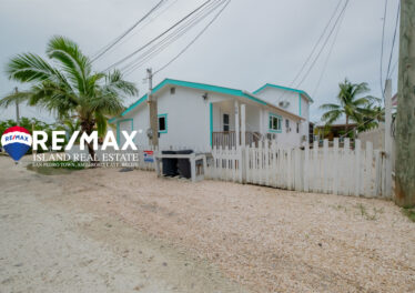 Front yard view of the waterfront home in Ambergris Caye, Belize, featuring a spacious deck, lush landscaping, and direct access to the water