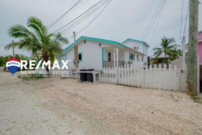 Front yard view of the waterfront home in Ambergris Caye, Belize, featuring a spacious deck, lush landscaping, and direct access to the water