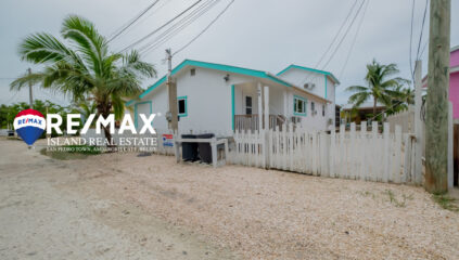 Front yard view of the waterfront home in Ambergris Caye, Belize, featuring a spacious deck, lush landscaping, and direct access to the water