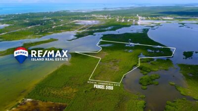 Aerial view of 11 acres of prime undeveloped land for sale in Ambergris Caye, Belize, showcasing the stunning natural landscape and proximity to the beach