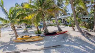 Beachfront luxury home for sale in Belize on Ambergris Caye, with stunning ocean views and tropical landscaping