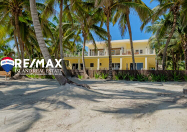 Front view of beachfront property on Ambergris Caye, showcasing the home with stunning Caribbean Sea views and lush tropical surroundings