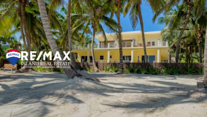 Front view of beachfront property on Ambergris Caye, showcasing the home with stunning Caribbean Sea views and lush tropical surroundings