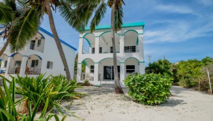 Front view of a beautiful 2-bedroom, 2-bath home for sale in North Ambergris Caye, featuring tropical landscaping and a spacious exterior